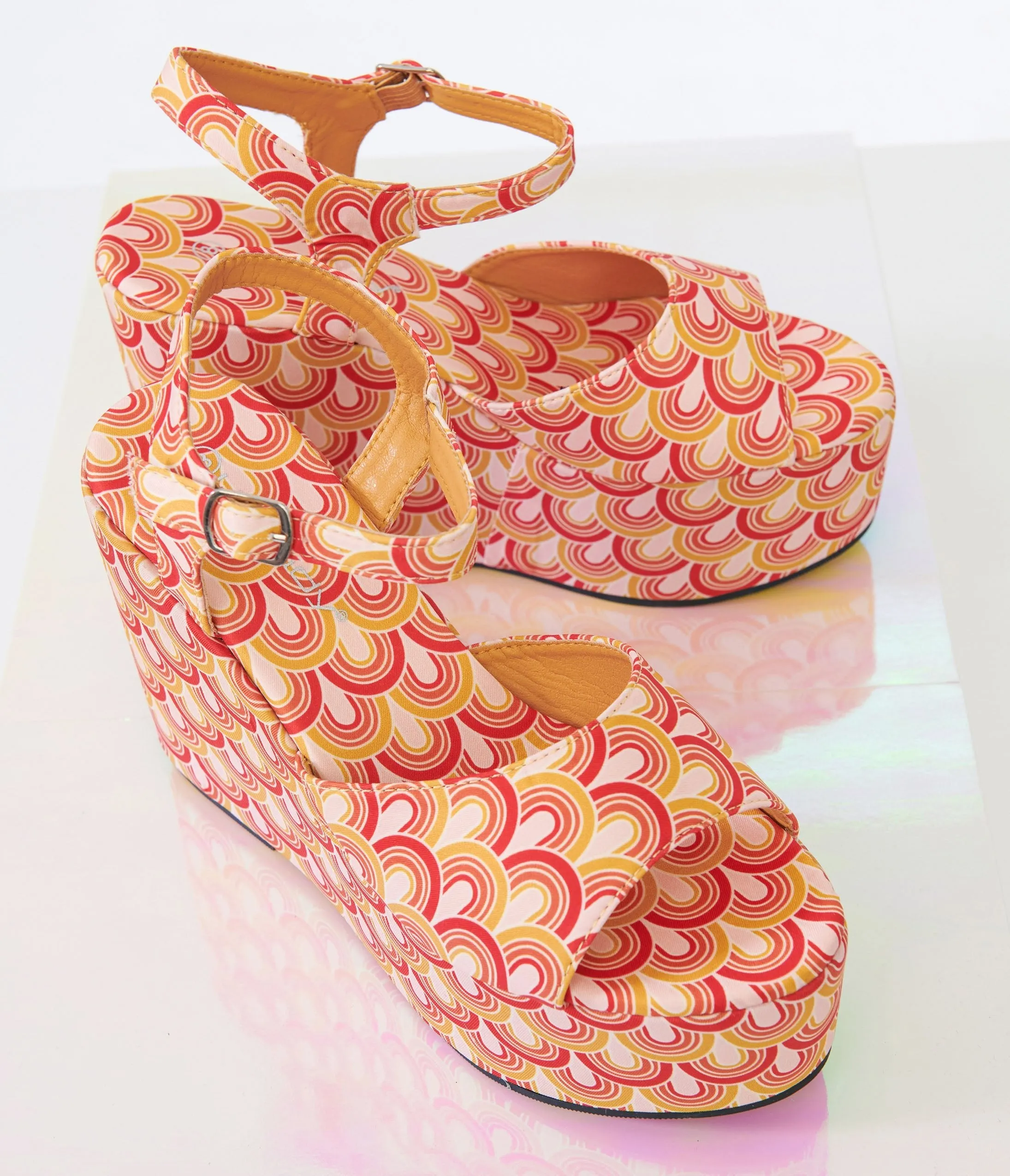 1970s Orange & Yellow Scallop Print Platform Wedges