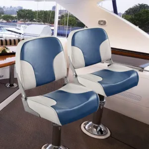 2 Pieces Low Back Boat Seat Set with Sponge Padding and Aluminum Hinges-Blue