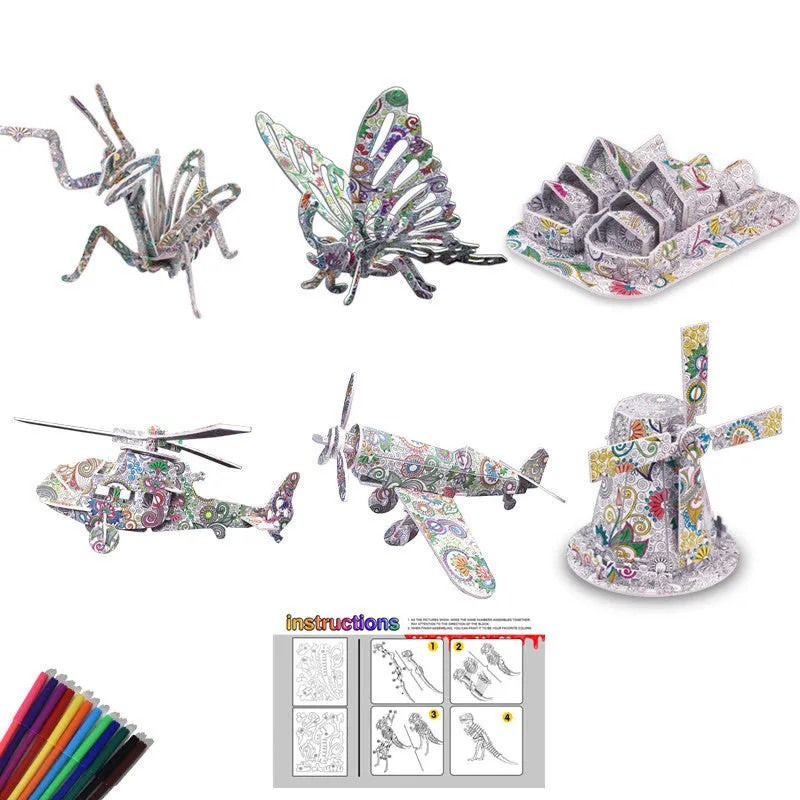 3D Kids DIY Graffiti Animals Building Coloring Puzzles Set