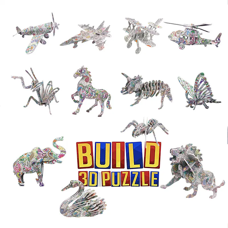 3D Kids DIY Graffiti Animals Building Coloring Puzzles Set