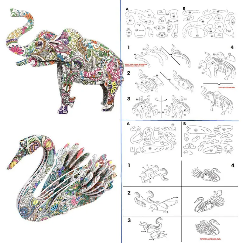 3D Kids DIY Graffiti Animals Building Coloring Puzzles Set