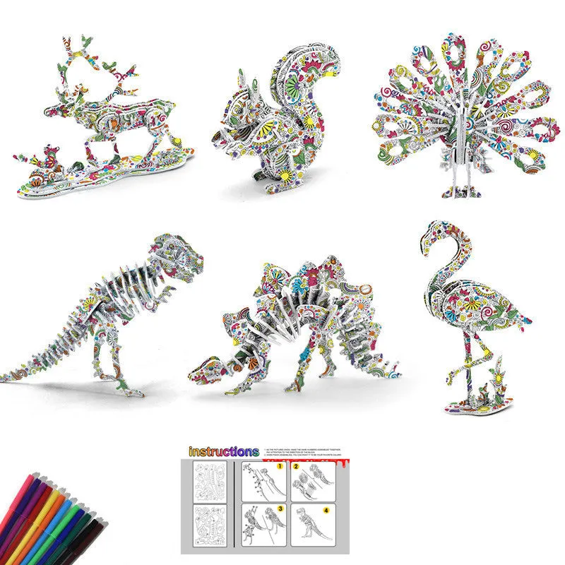 3D Kids DIY Graffiti Animals Building Coloring Puzzles Set