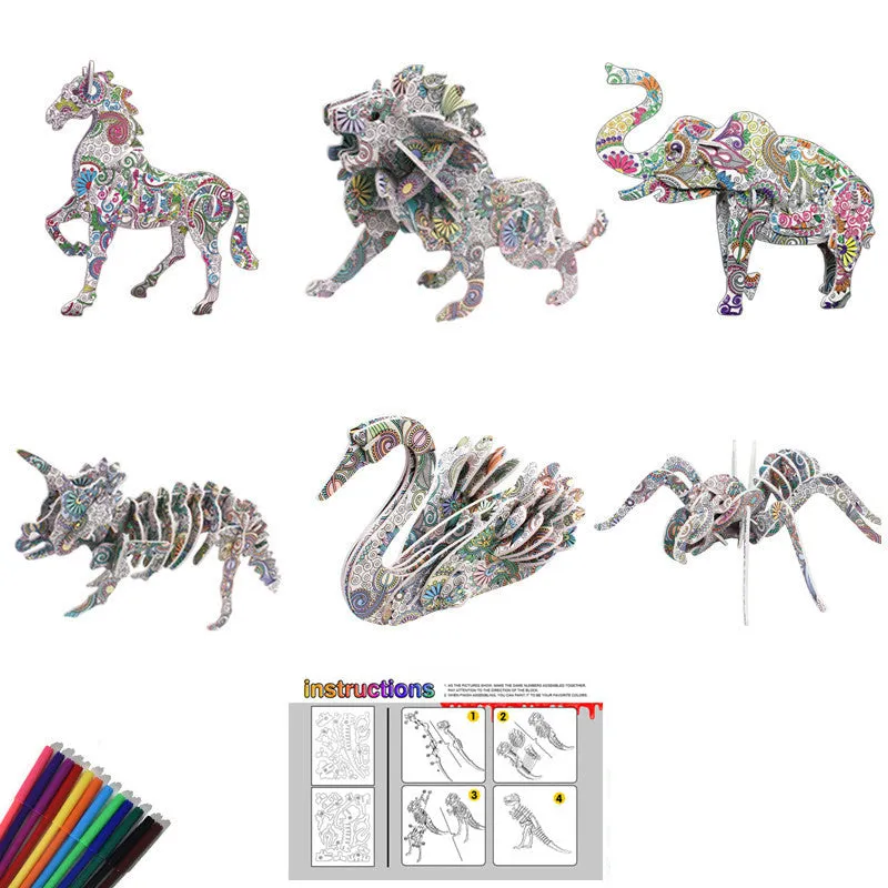 3D Kids DIY Graffiti Animals Building Coloring Puzzles Set