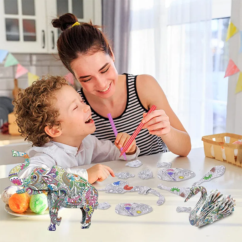 3D Kids DIY Graffiti Animals Building Coloring Puzzles Set