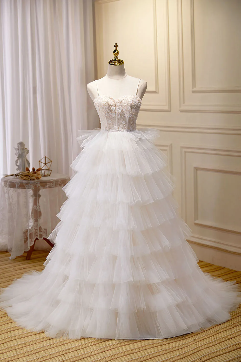 A Line Spaghetti Straps Tiered Ivory Tulle Wedding Dress with 3D Flowers UQW0075