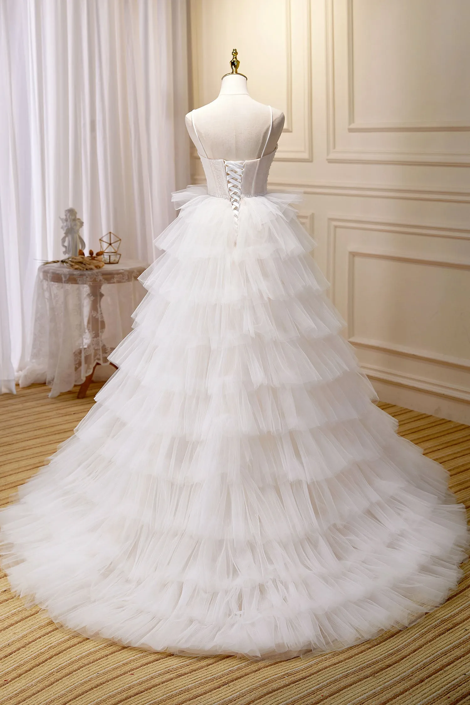 A Line Spaghetti Straps Tiered Ivory Tulle Wedding Dress with 3D Flowers UQW0075