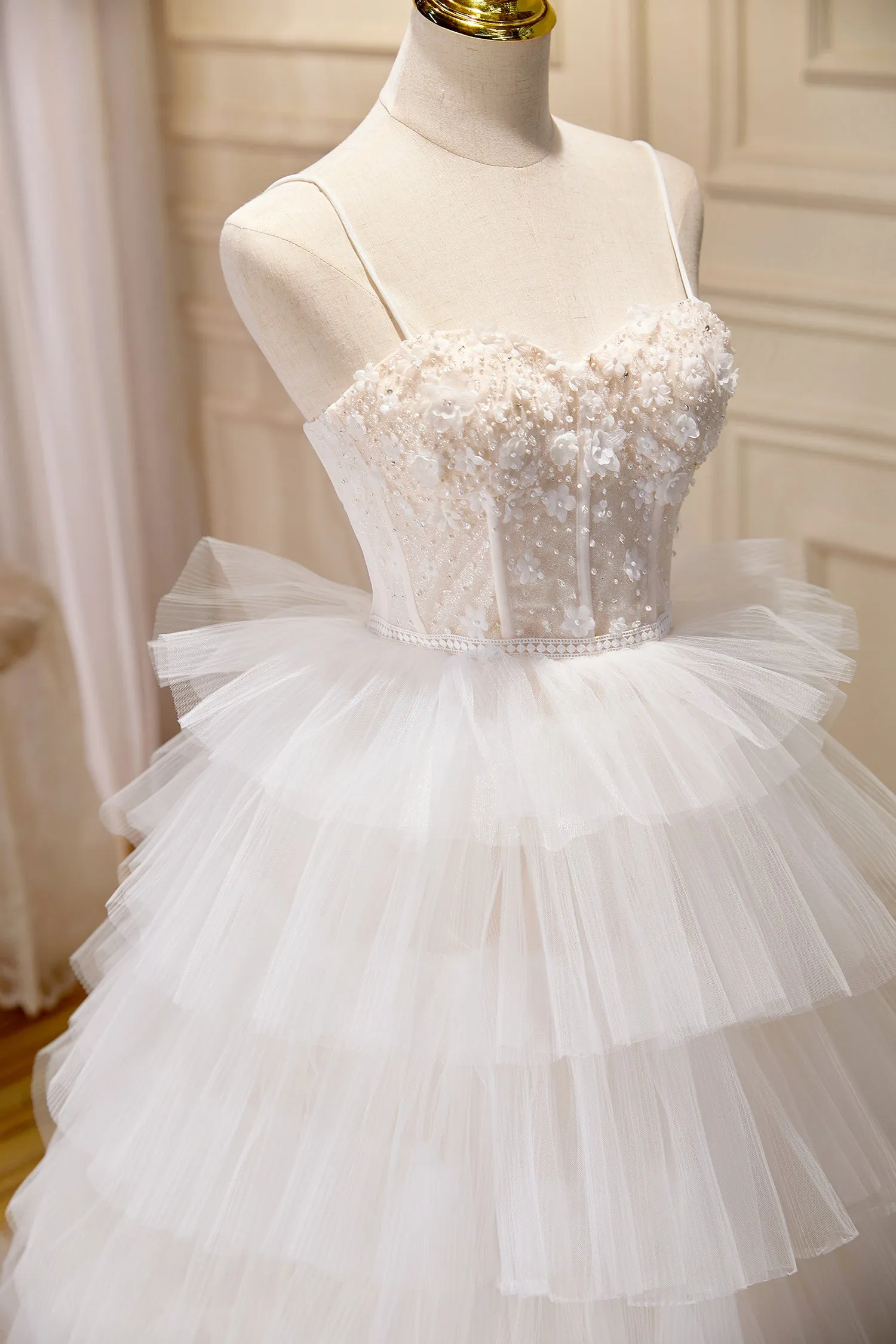 A Line Spaghetti Straps Tiered Ivory Tulle Wedding Dress with 3D Flowers UQW0075