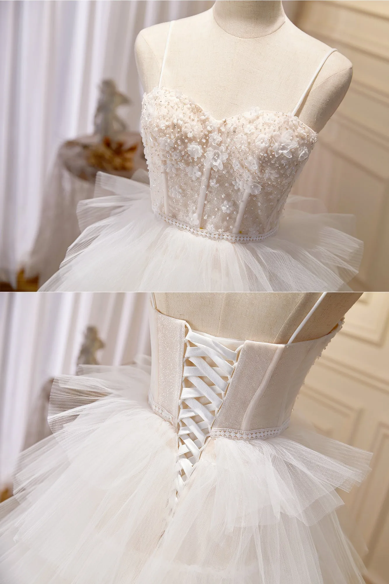 A Line Spaghetti Straps Tiered Ivory Tulle Wedding Dress with 3D Flowers UQW0075