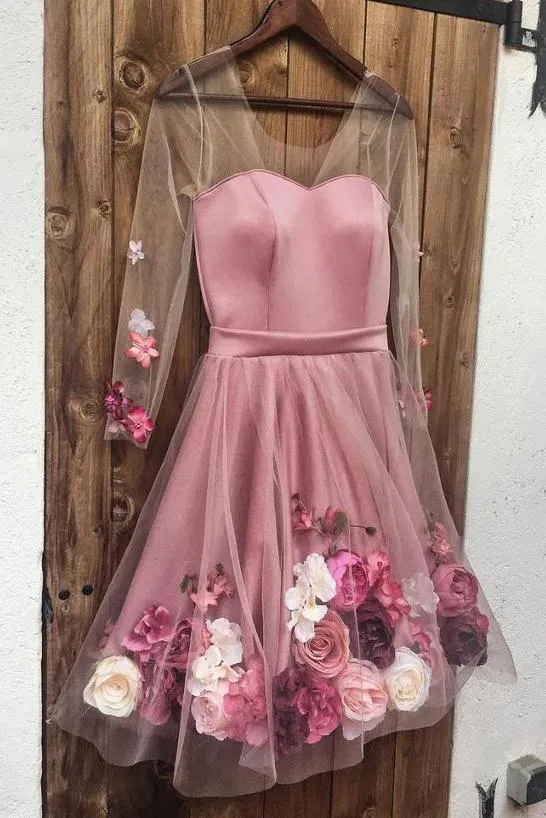 A-line V neck Hand-Made Flower Homecoming Dress Unique Short Long Sleeve Prom Dress UQ1841