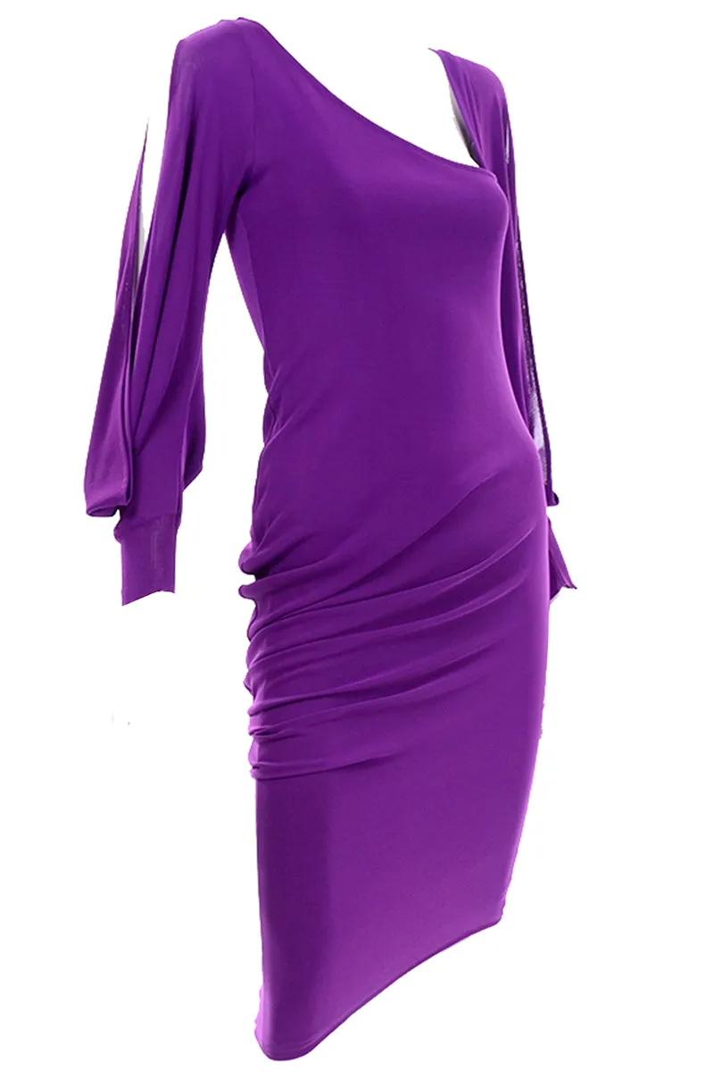 Alexander McQueen Purple Stretch Dress w/ Asymmetrical Neckline & Split Sleeves