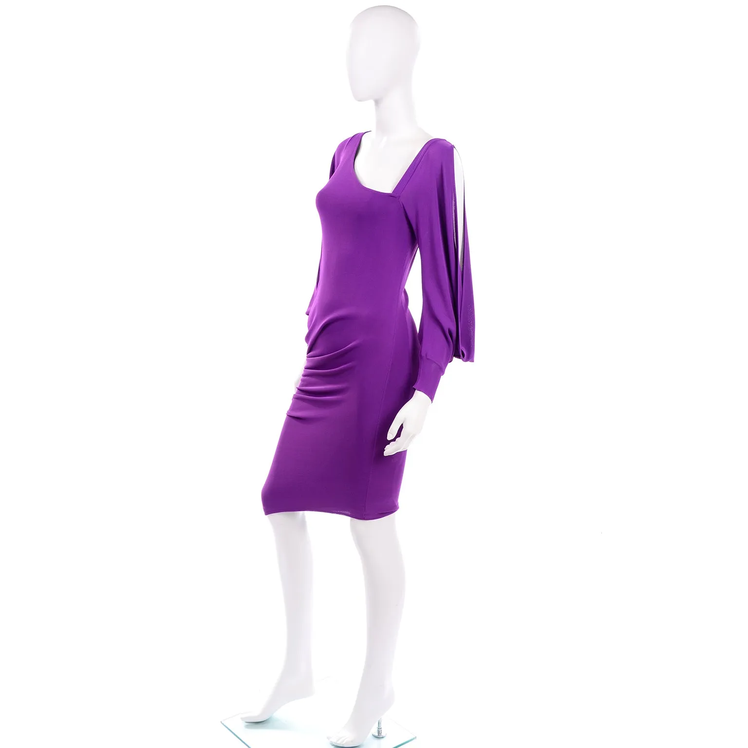 Alexander McQueen Purple Stretch Dress w/ Asymmetrical Neckline & Split Sleeves