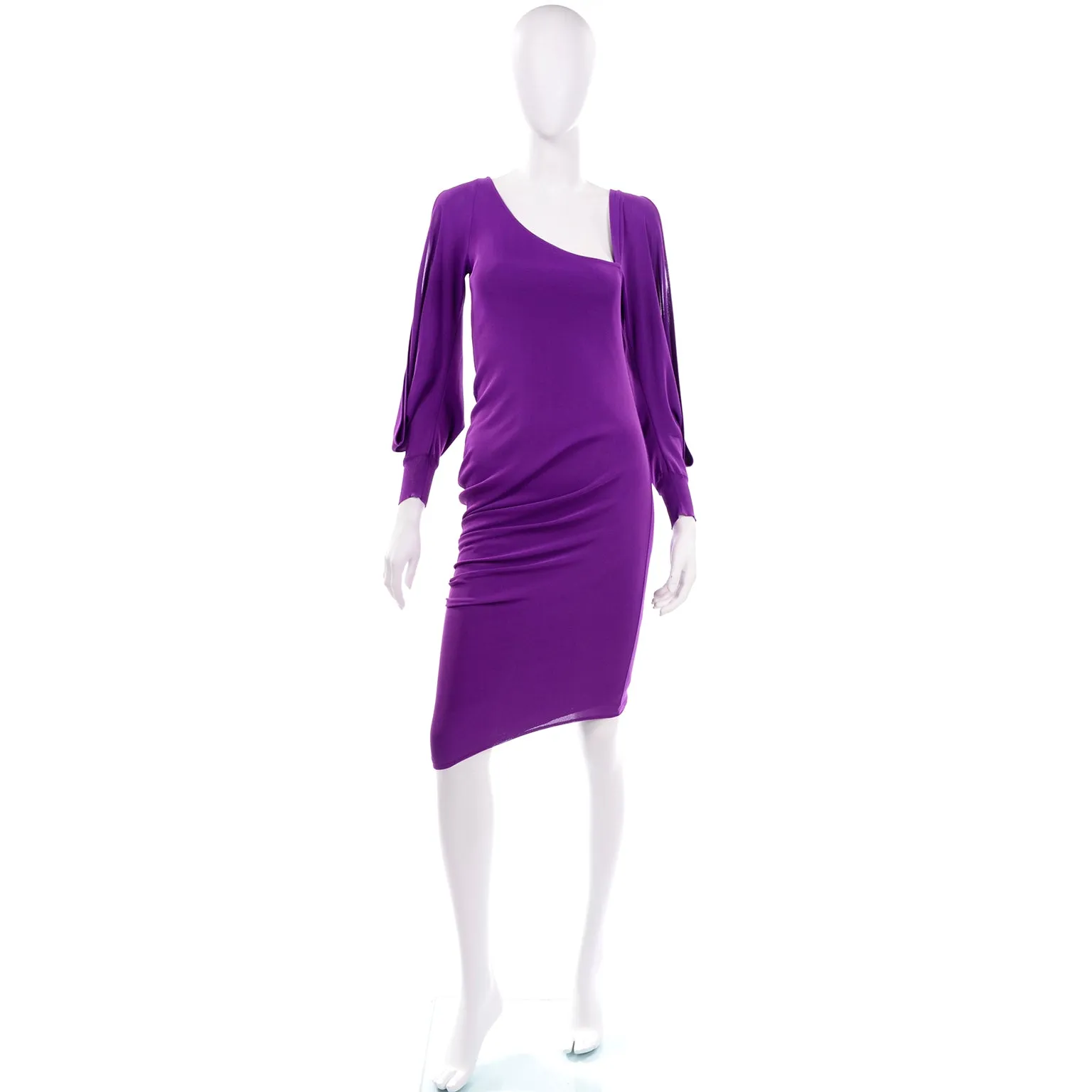 Alexander McQueen Purple Stretch Dress w/ Asymmetrical Neckline & Split Sleeves