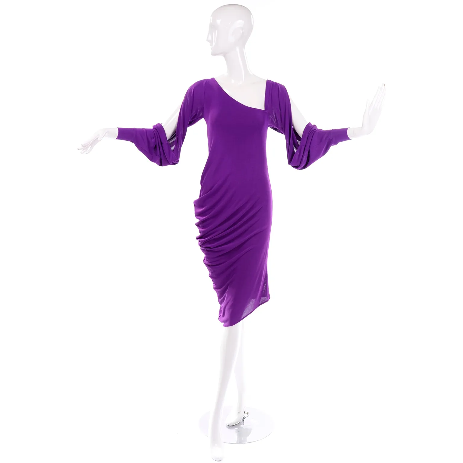 Alexander McQueen Purple Stretch Dress w/ Asymmetrical Neckline & Split Sleeves