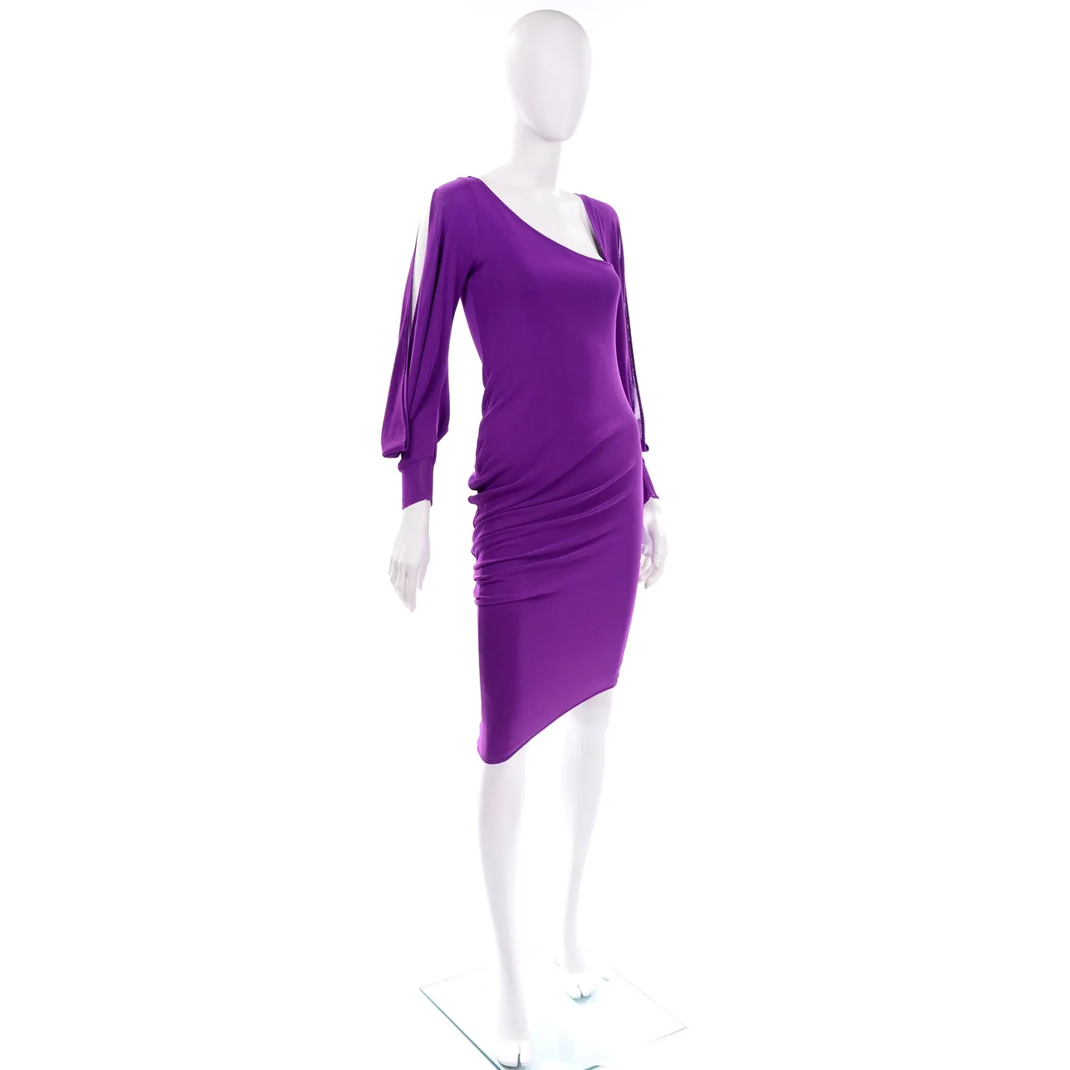 Alexander McQueen Purple Stretch Dress w/ Asymmetrical Neckline & Split Sleeves