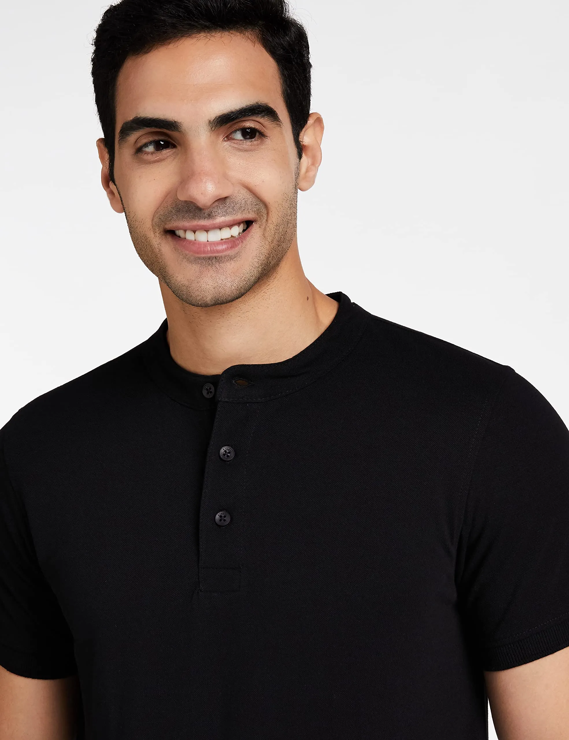 Amazon Brand - Symbol Men's Cotton Rich Polo T Shirt | Mandarin Collar Tshirts | Half Sleeves | Plain - Regular Fit (Jet Black_L)