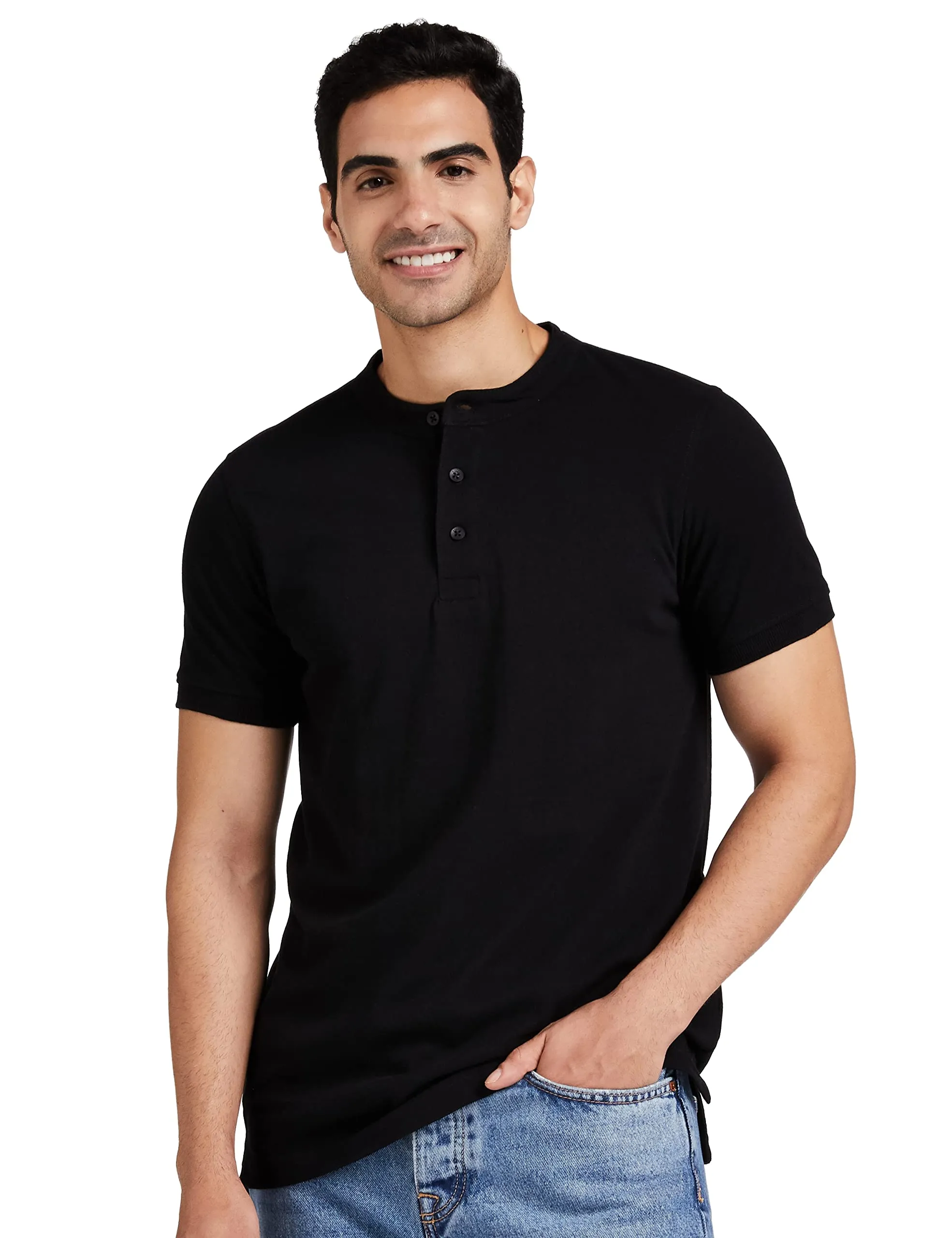 Amazon Brand - Symbol Men's Cotton Rich Polo T Shirt | Mandarin Collar Tshirts | Half Sleeves | Plain - Regular Fit (Jet Black_L)