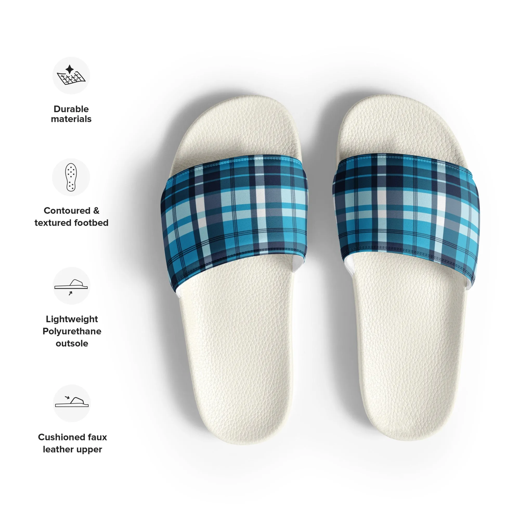 Aqua and Navy Blue Preppy Surfer Plaid Men’s Slides Sandals