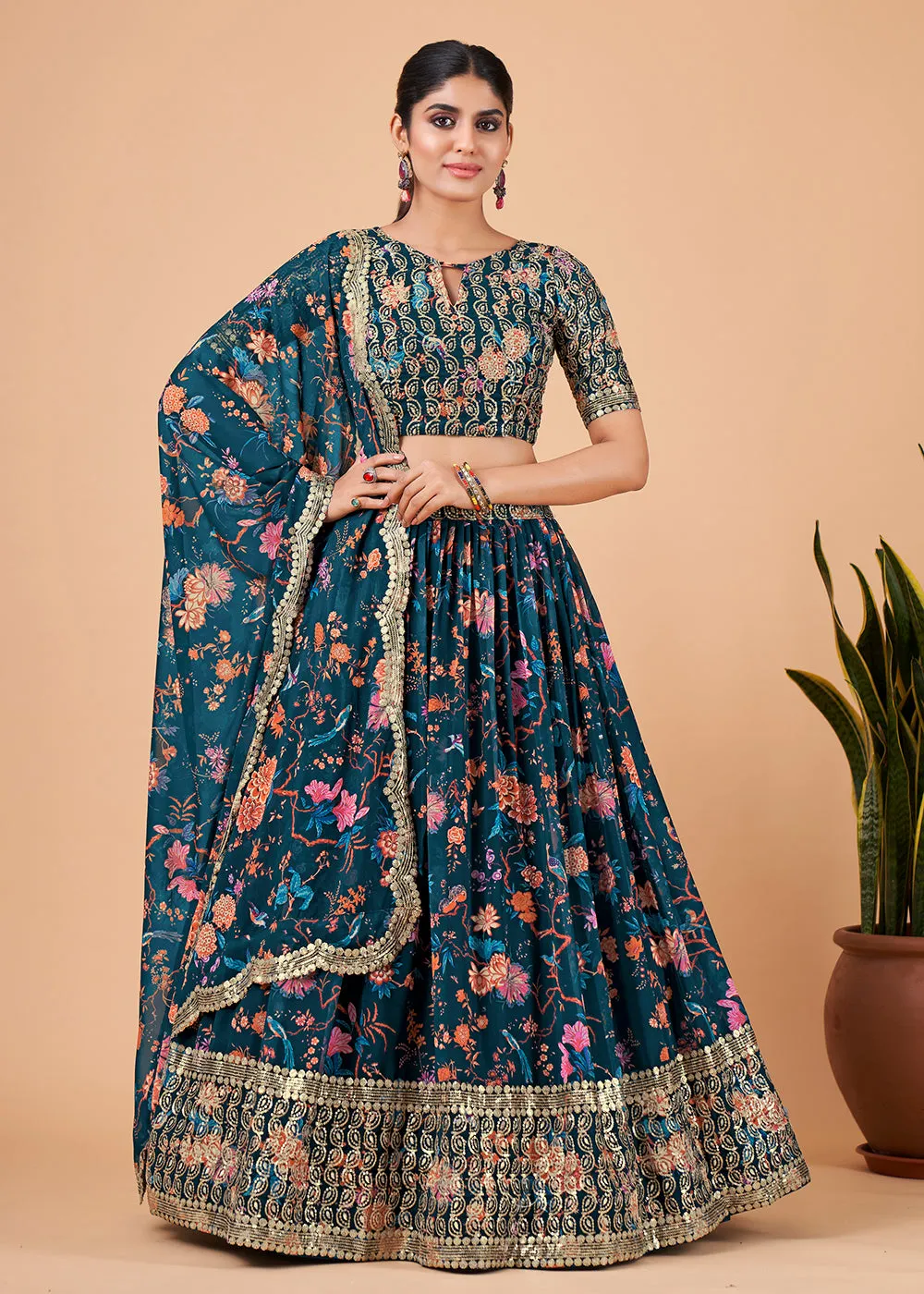 Awesome Teal Blue Floral Printed Georgette Lehenga Choli