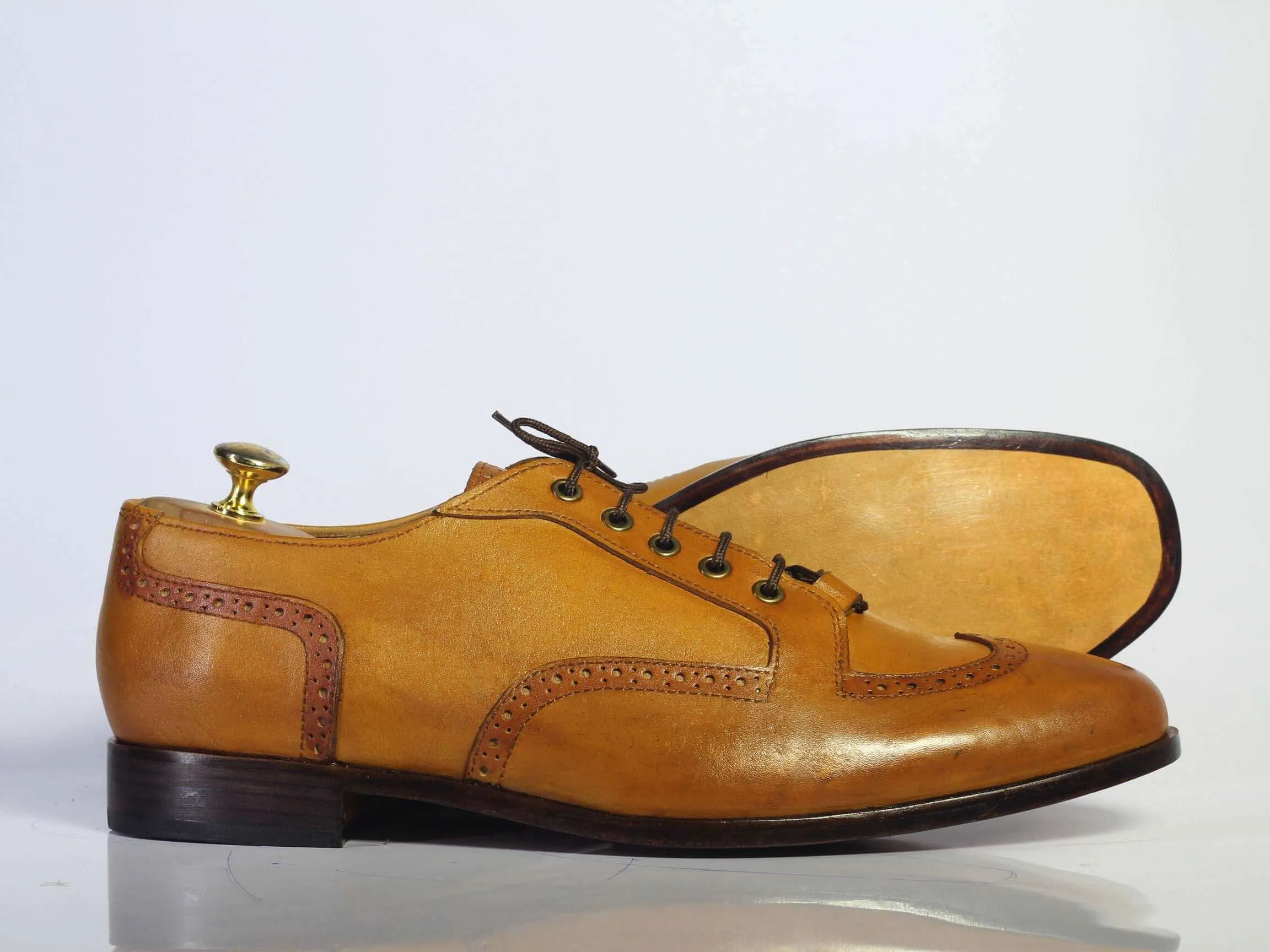 Bespoke Tan Leather Wing Tip Brogue Toe Lace Up Boot