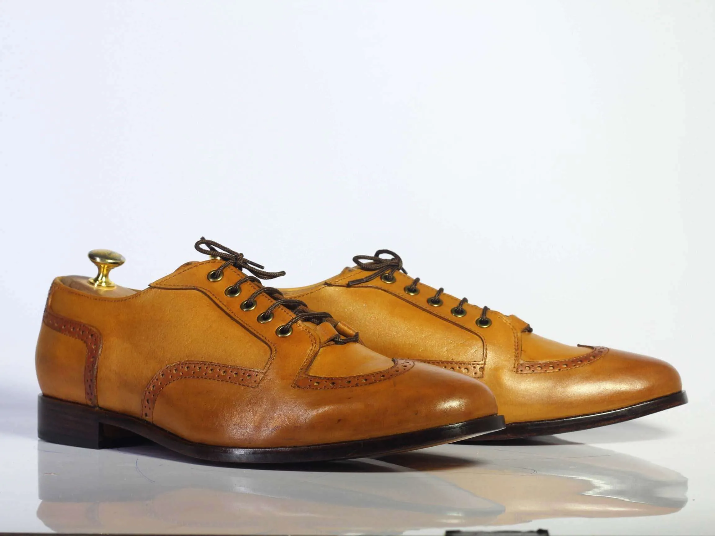 Bespoke Tan Leather Wing Tip Brogue Toe Lace Up Boot