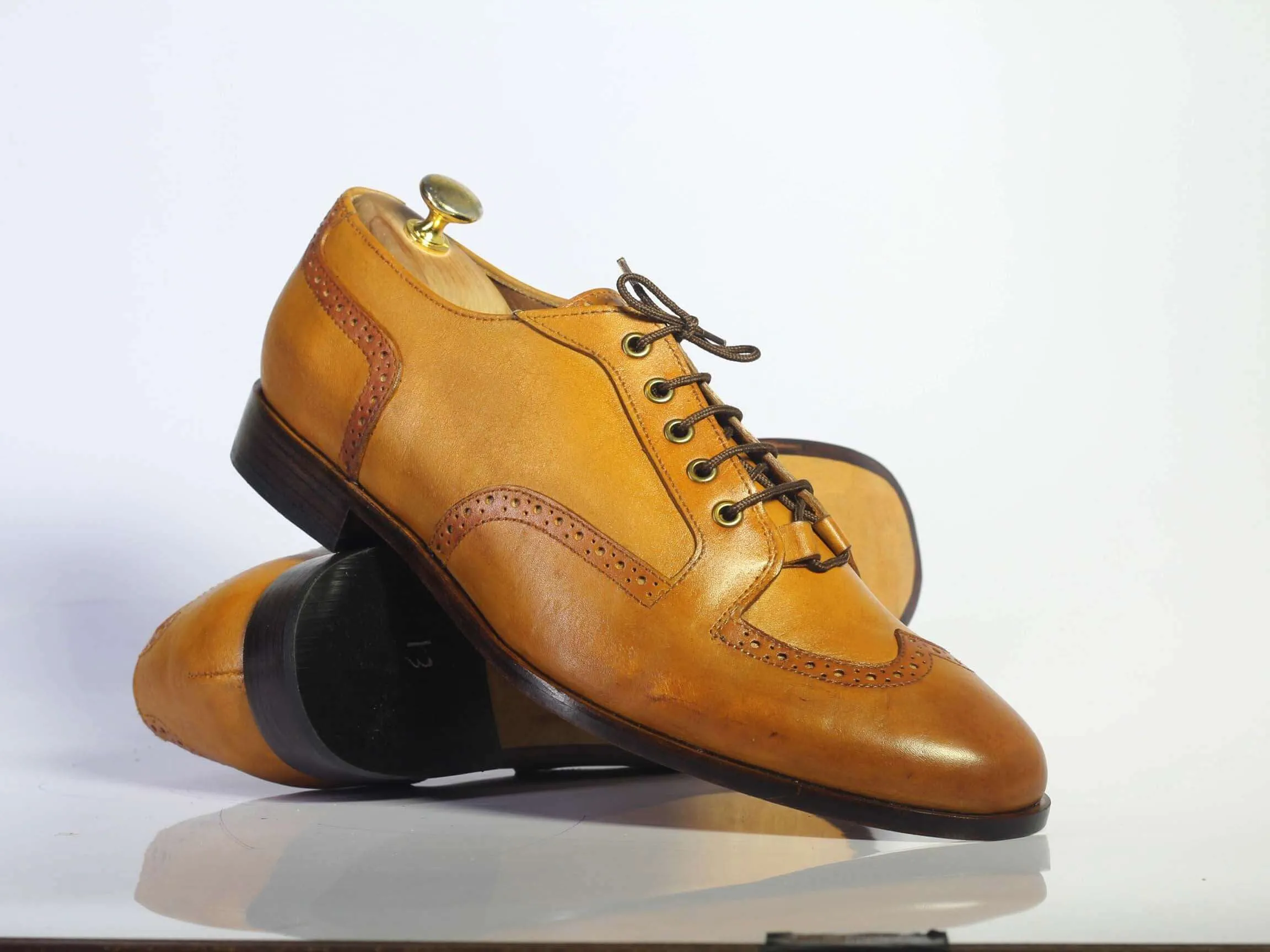 Bespoke Tan Leather Wing Tip Brogue Toe Lace Up Boot