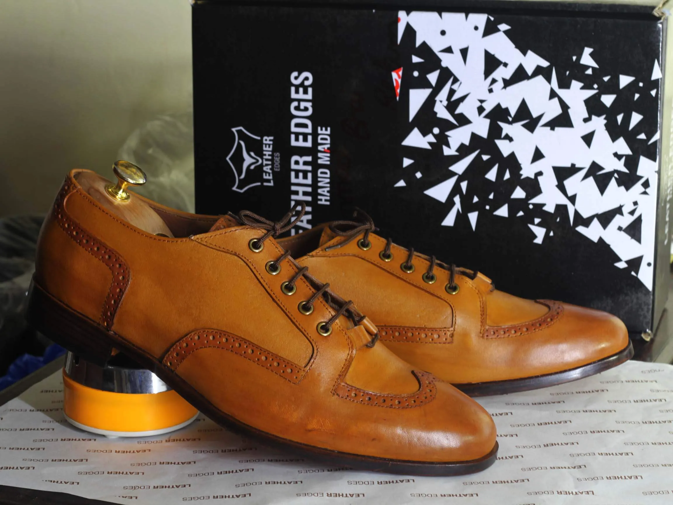 Bespoke Tan Leather Wing Tip Brogue Toe Lace Up Boot