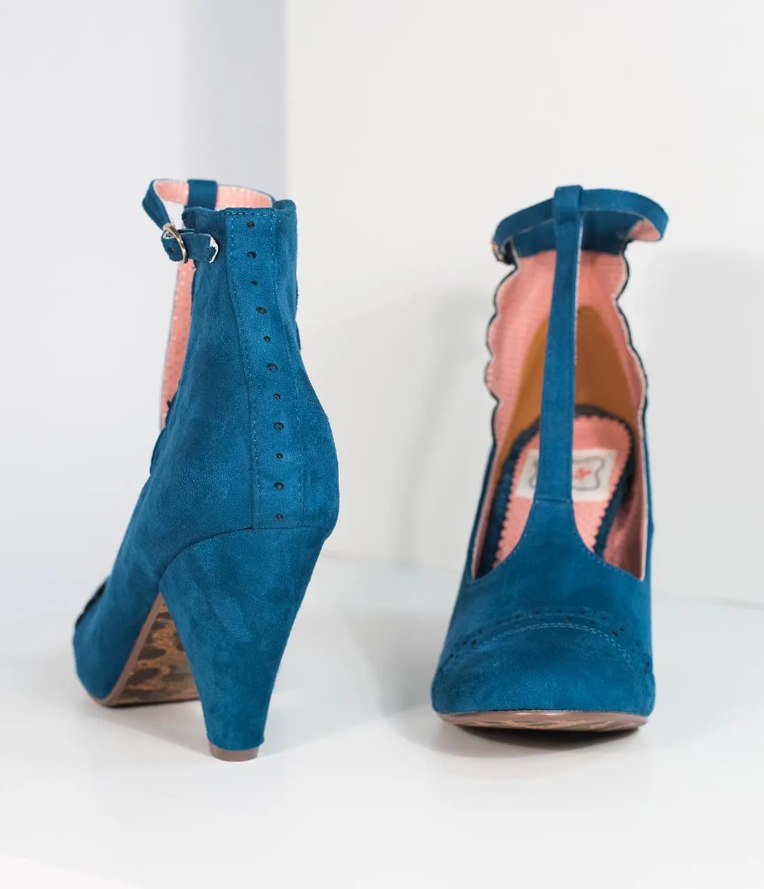 Bettie Page Blue Suede Closed Toe Vio T-Strap Heels