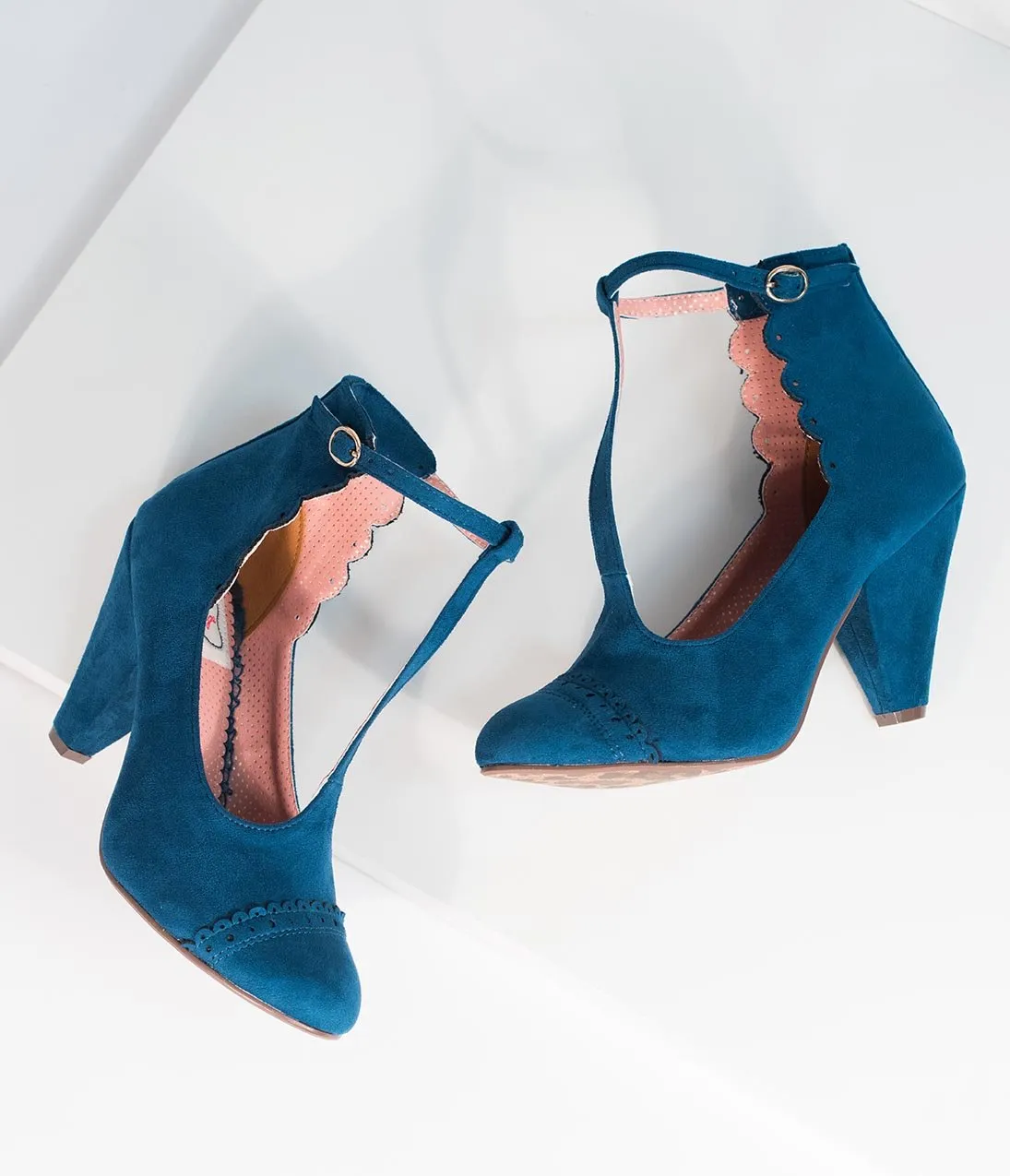 Bettie Page Blue Suede Closed Toe Vio T-Strap Heels