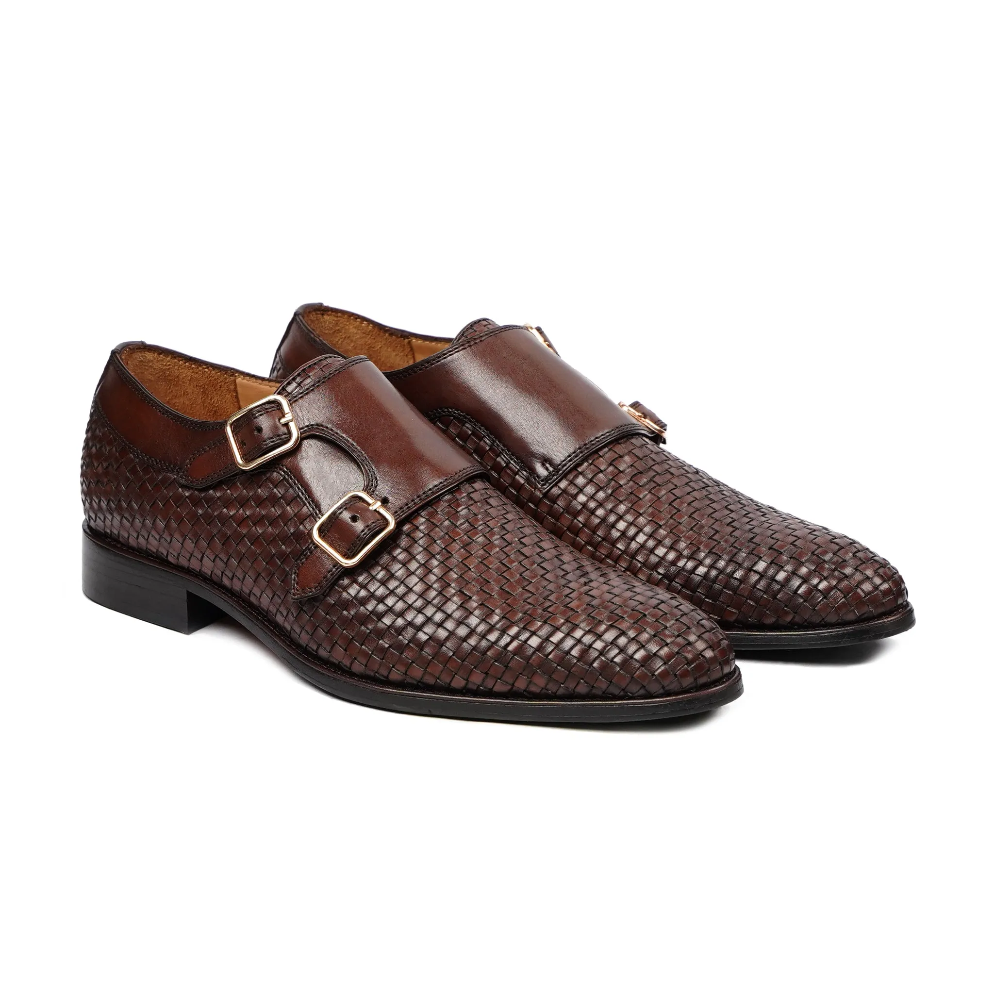 Bihar - Men's Reddish Brown Hand Woven Calf Leather Double Monkstrap