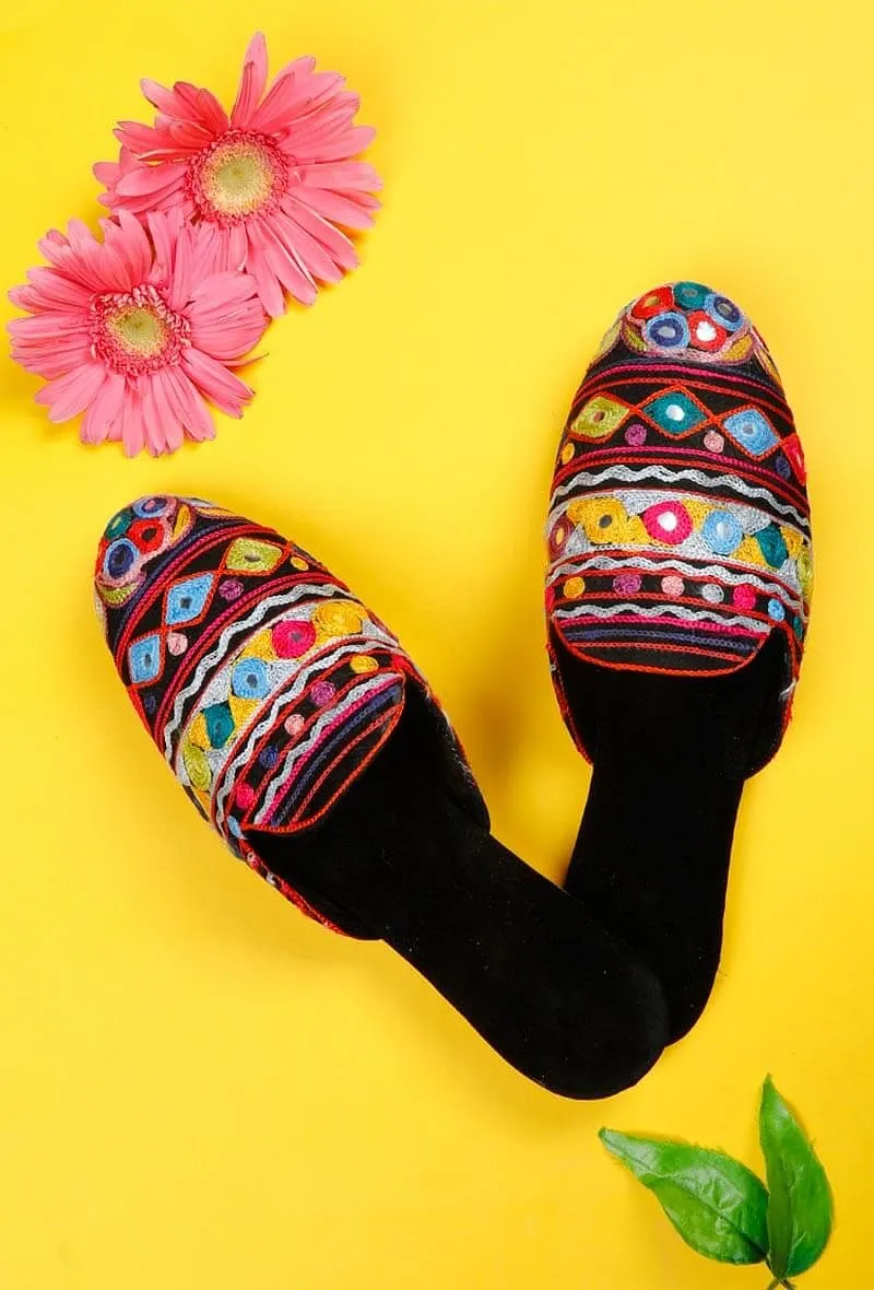 Black Chomuk Mirror Embroidery Suede Kutch Mules