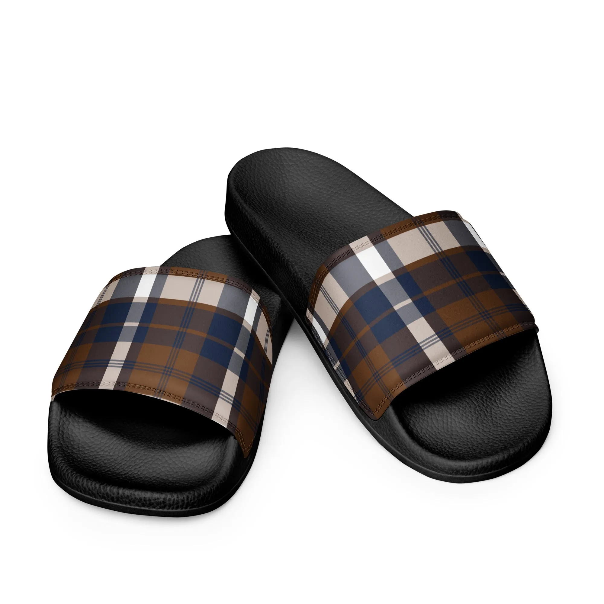 Brown and Navy Blue Preppy Surfer Plaid Men’s Slides Sandals