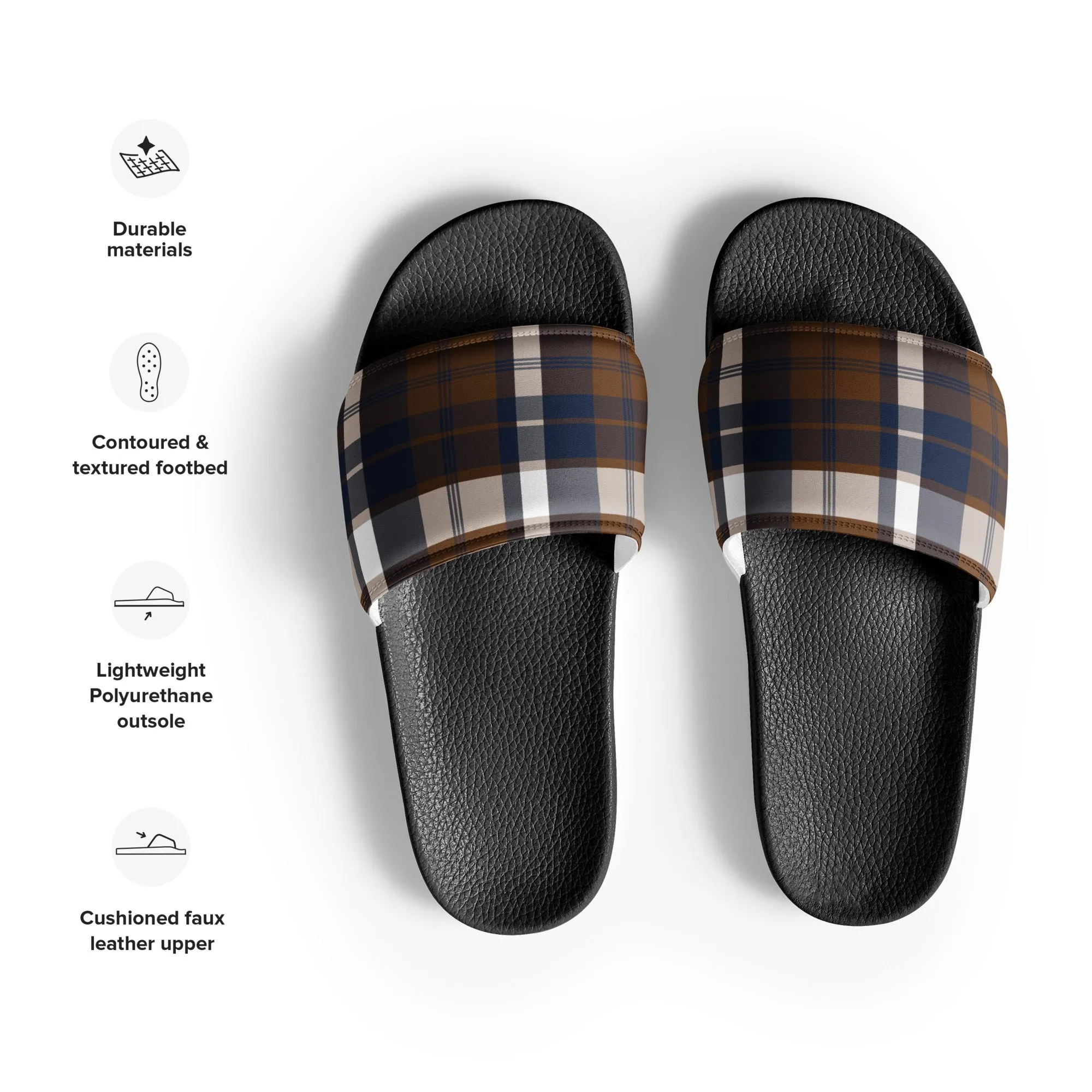 Brown and Navy Blue Preppy Surfer Plaid Men’s Slides Sandals