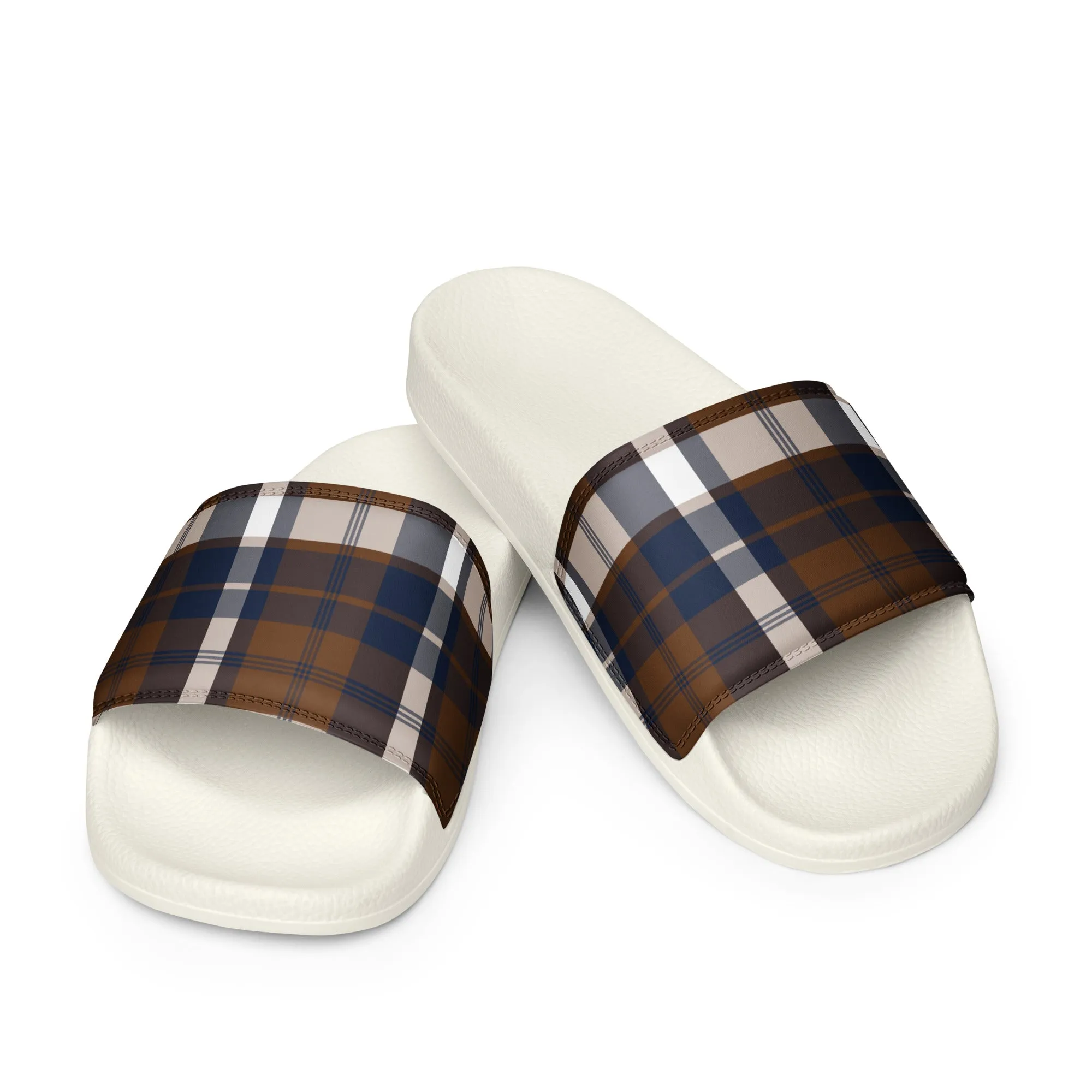 Brown and Navy Blue Preppy Surfer Plaid Men’s Slides Sandals