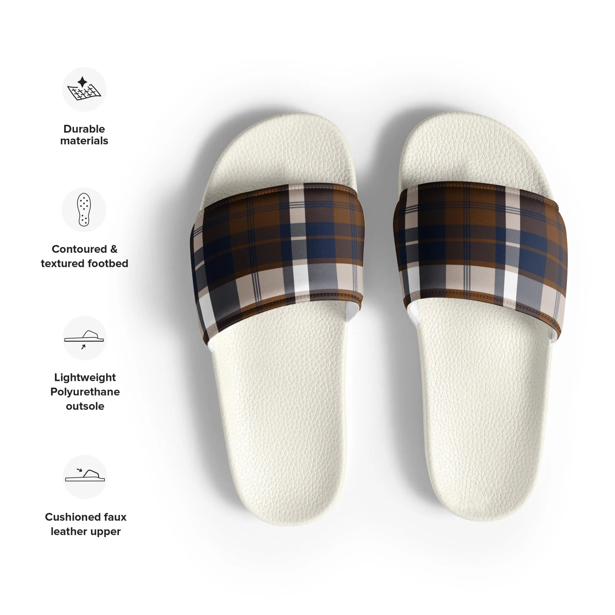 Brown and Navy Blue Preppy Surfer Plaid Men’s Slides Sandals