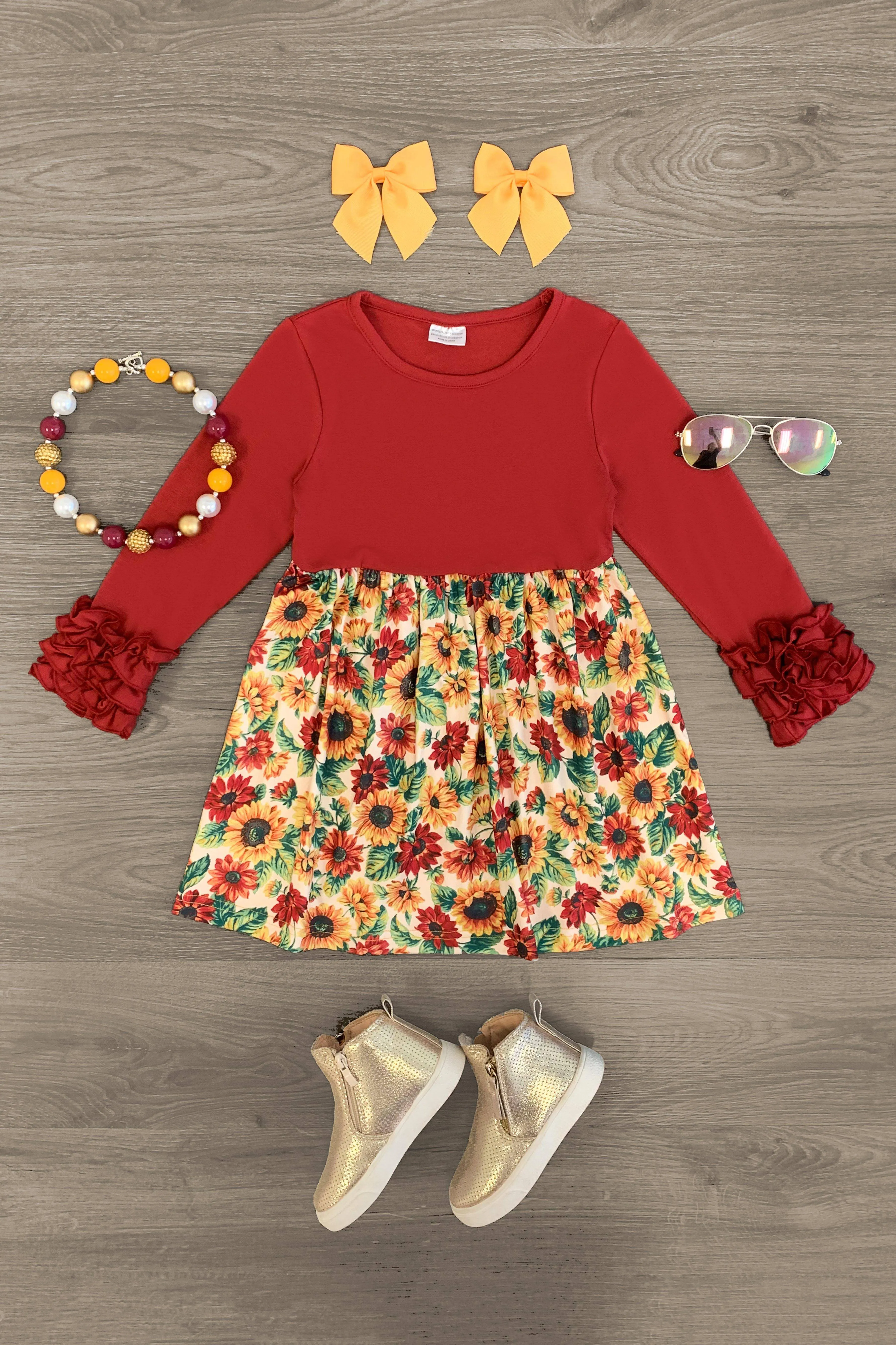 Burgundy Sunflower Ruffle Sleeve Dress