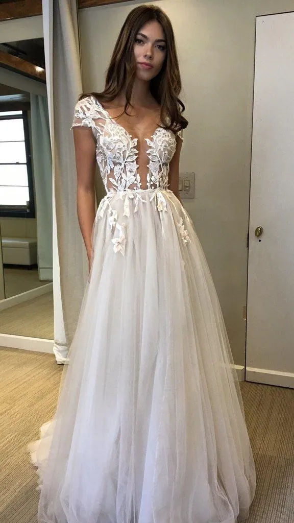 Cap Sleeve Deep V-neck Prom Dress With Appliques Sexy Split Wedding Dresses PG902