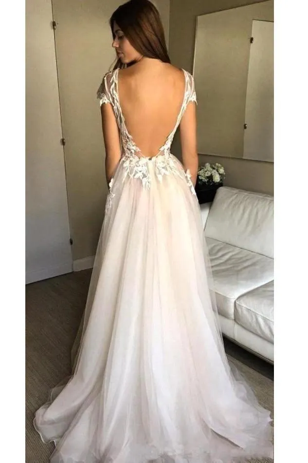 Cap Sleeve Deep V-neck Prom Dress With Appliques Sexy Split Wedding Dresses PG902