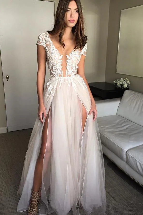 Cap Sleeve Deep V-neck Prom Dress With Appliques Sexy Split Wedding Dresses PG902