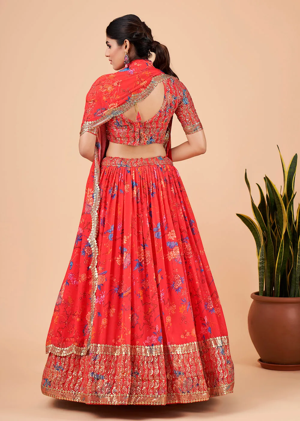 Captivating Bright Red Floral Printed Georgette Lehenga Choli