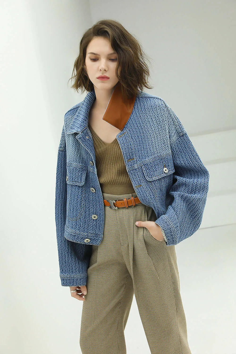 Classic Simple Blue Patchwork Loose Fit Denim Jacket