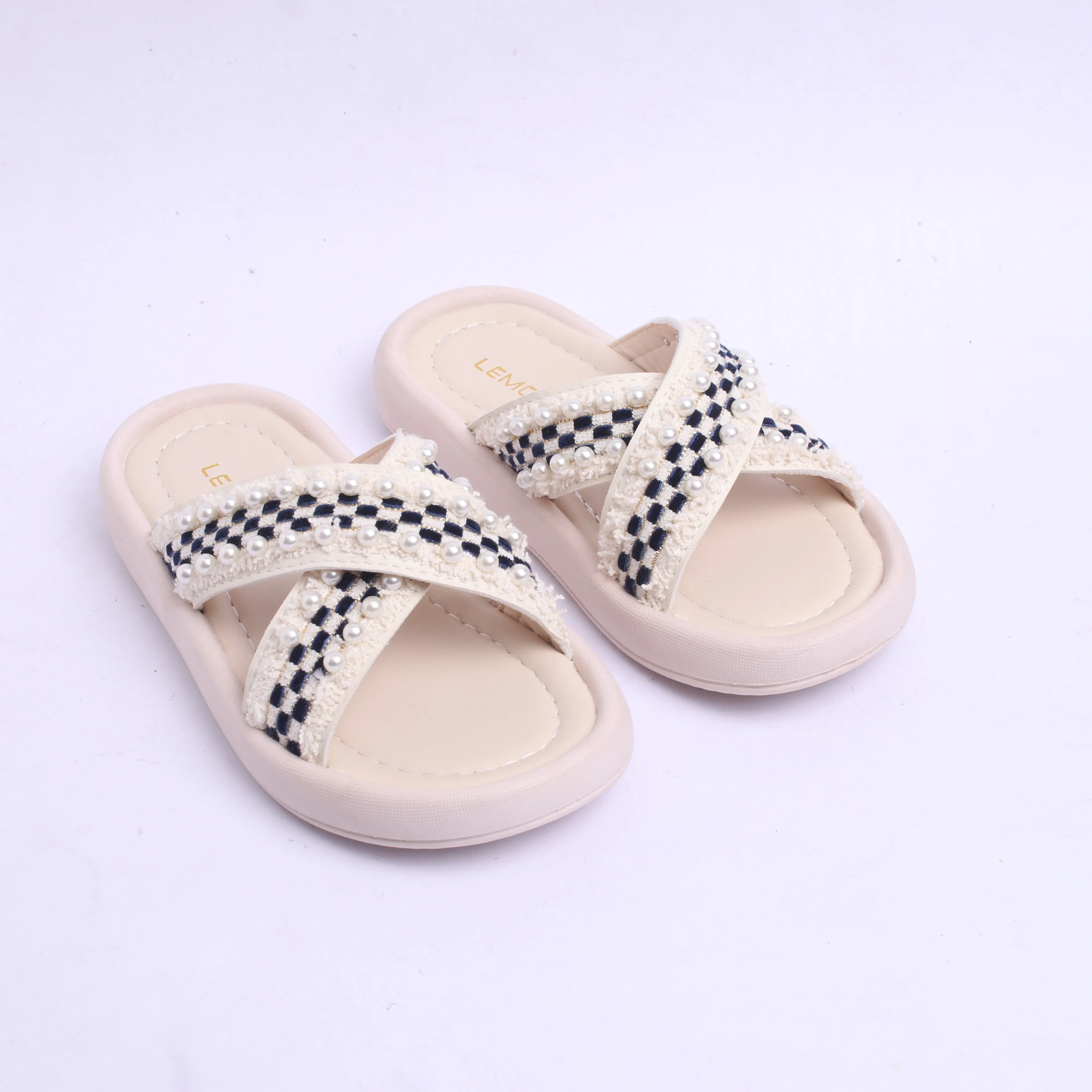 Criss Cross Design Pearl Applique Floters - White & Navy