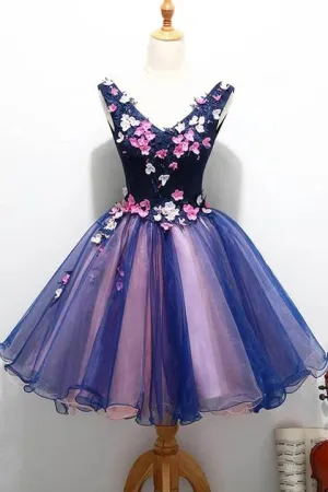 Cute V Neck Unique Flowers Homecoming Dresses with Beading, Sweet 16 Dress UQ2156