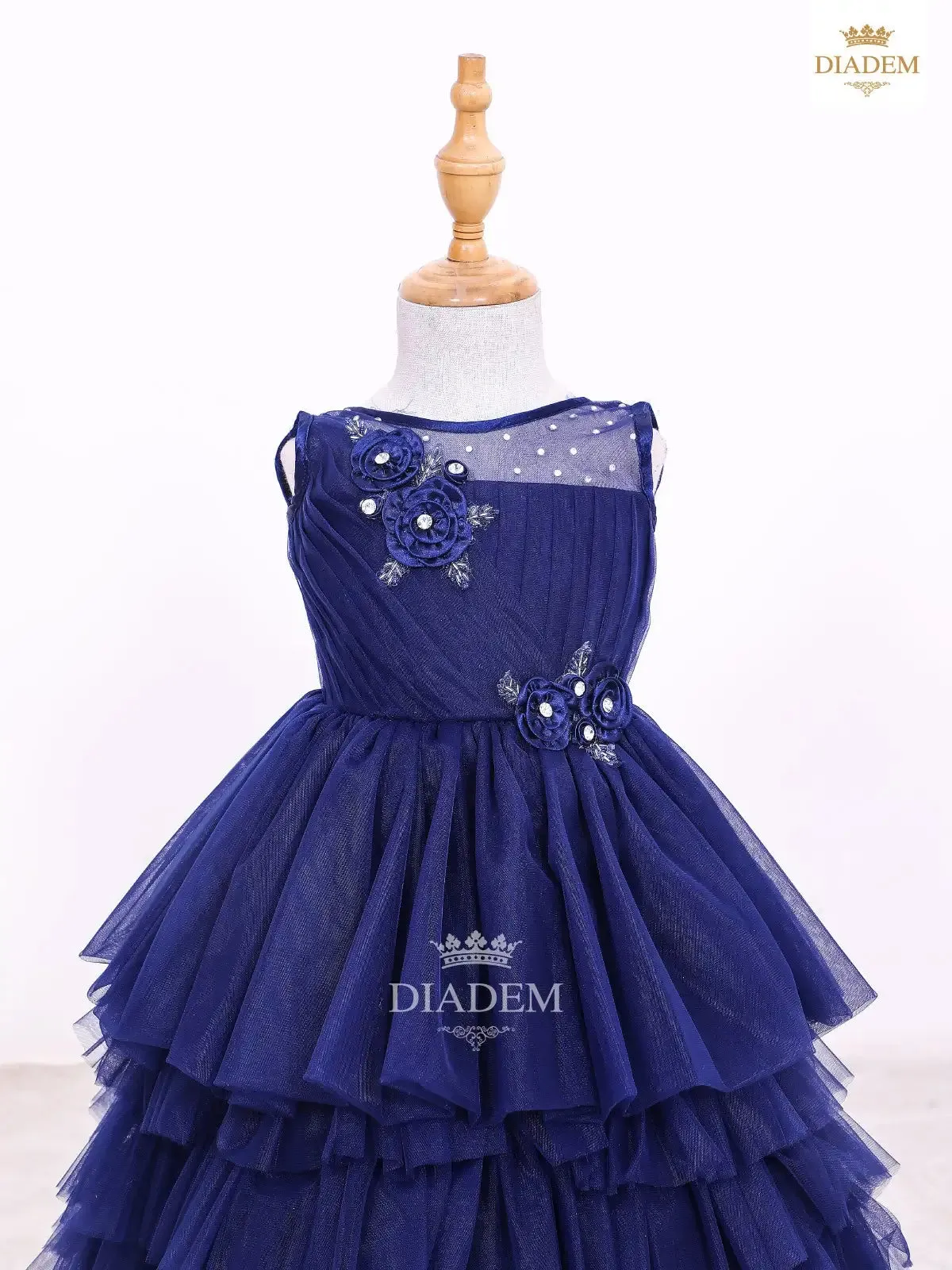 Dark Blue Gown Embellished in Crystal Beads and Frilled Bottom