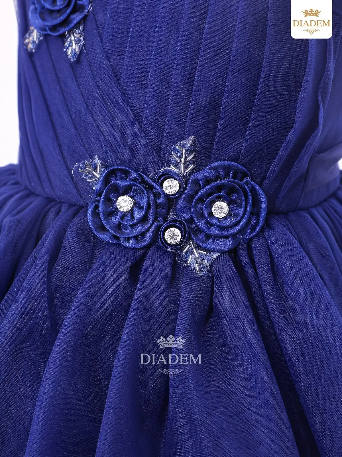 Dark Blue Gown Embellished in Crystal Beads and Frilled Bottom