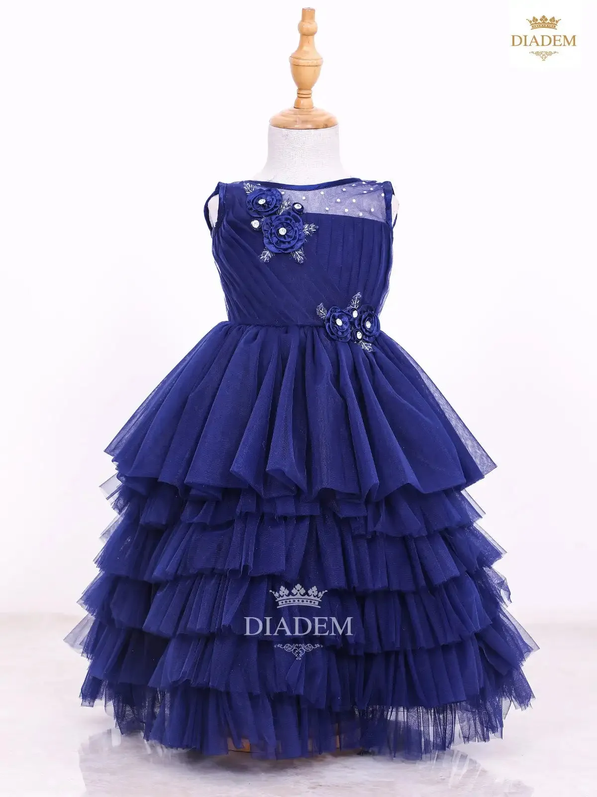 Dark Blue Gown Embellished in Crystal Beads and Frilled Bottom