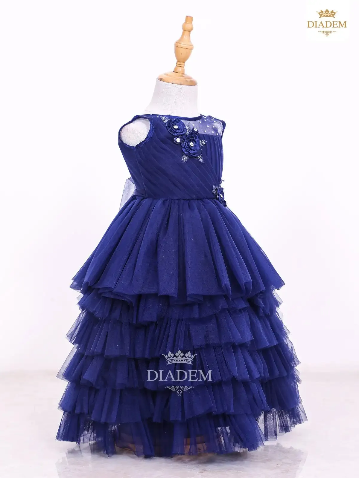 Dark Blue Gown Embellished in Crystal Beads and Frilled Bottom