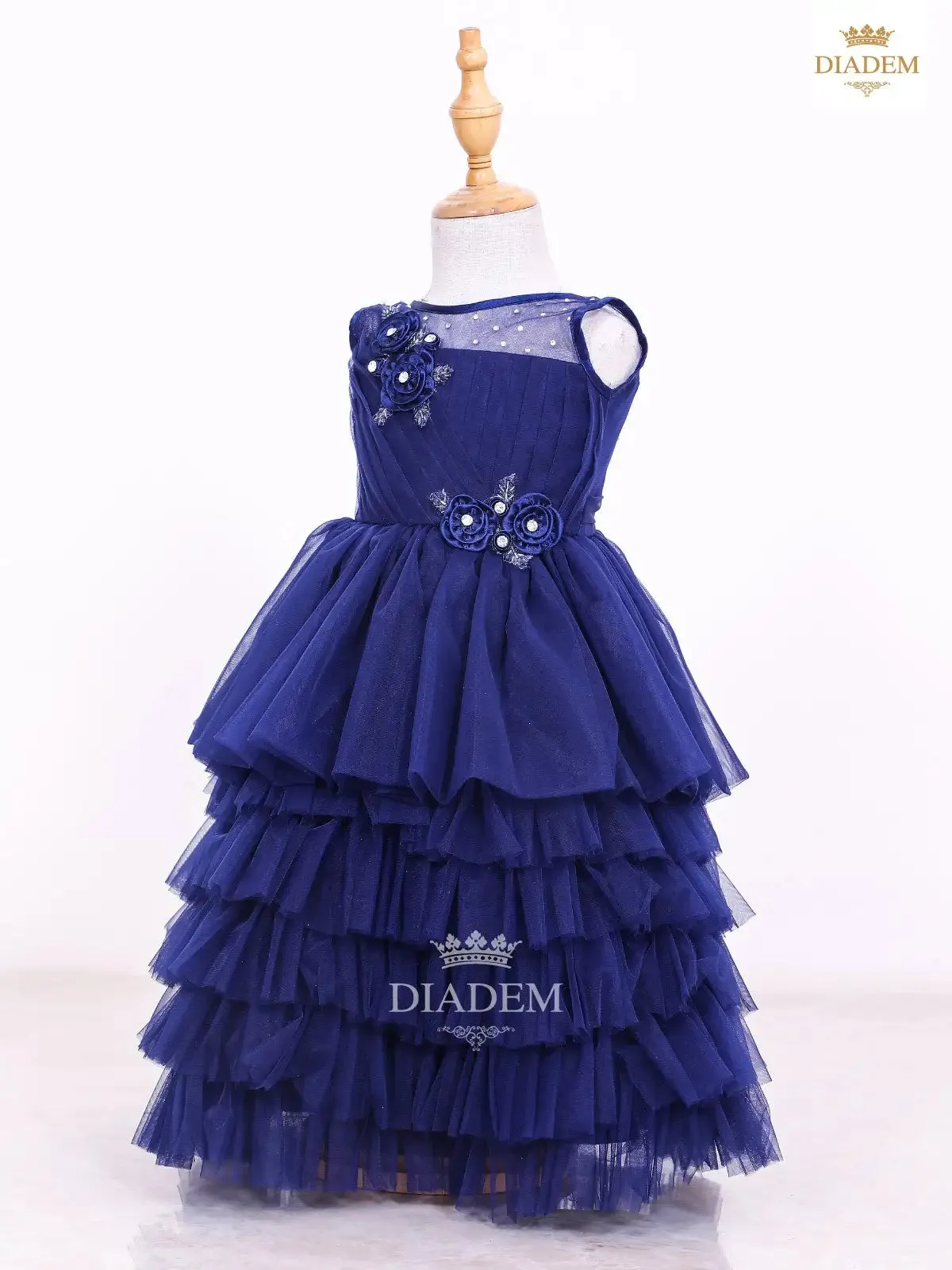 Dark Blue Gown Embellished in Crystal Beads and Frilled Bottom