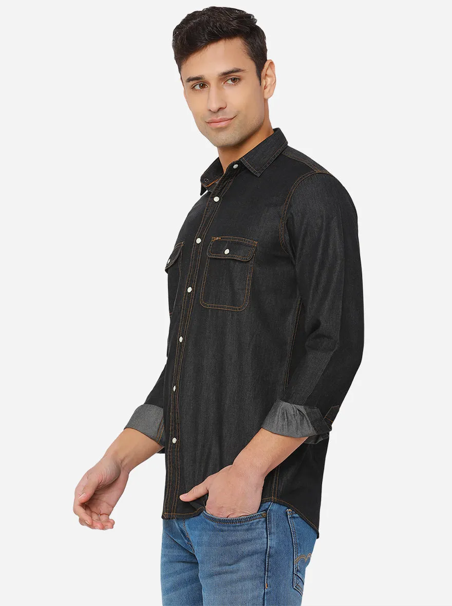 Demin Black Solid Slim Fit Semi Casual Shirt | JadeBlue