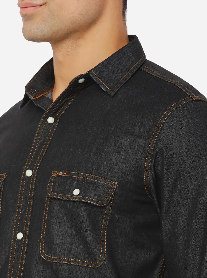 Demin Black Solid Slim Fit Semi Casual Shirt | JadeBlue