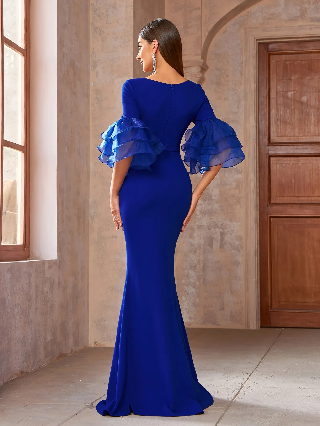 Elegant Mermaid Dress - Alluring V-neck, Exquisite Formal Design, Dramatic Layered Ruffle Sleeves, Flowing Floor Length Hem - Perfect for Glamorous Occasions like Parties and Banquets, Designed for Stylish Women